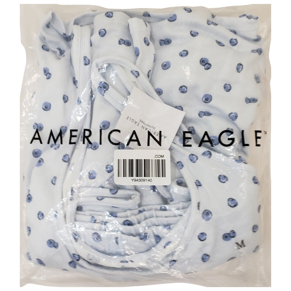 AMERICAN EAGLE Pajama Set Women Luxe Plush Ruffled Tank Top & Shorts Blue NWT